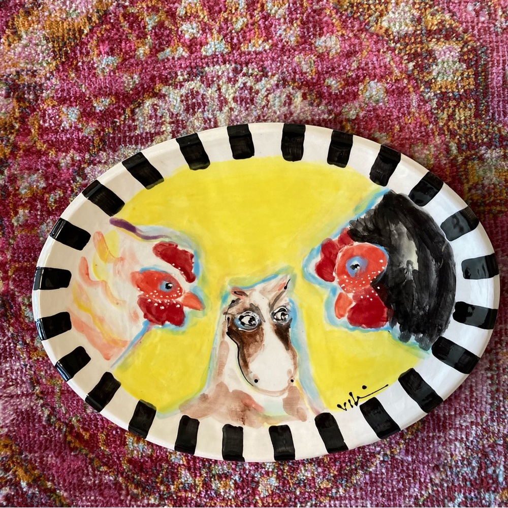 Chickens and Horse Handmade Ceramic Original Oval Platter 13”x10”Original